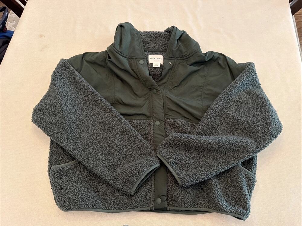 OFFLINE By Aerie Fluff Love Sherpa Jacket Womens Large Green Fleece W/Hood